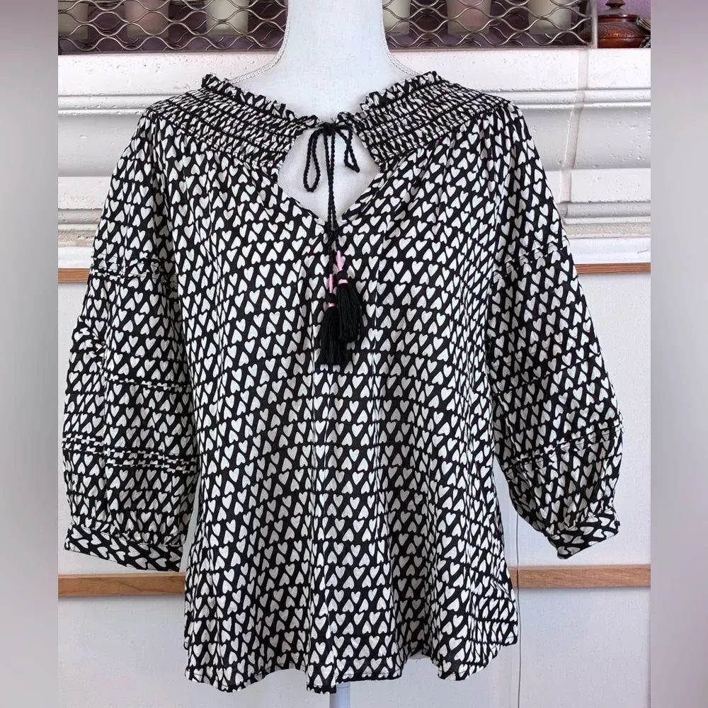 Ivy jane Black & White Heart Print Smocked Peasant Top prairie Cottagecore